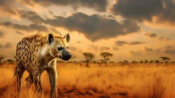 foto di iena su savana a tramonto. generativo ai