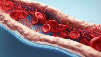 3d illustrazione modello di il umano organo sistemi, circolatorio, digestivo, rosso e bianca cellule del sangue con sfocato sfondo. medico formazione scolastica concetto, generativo ai illustrazione foto