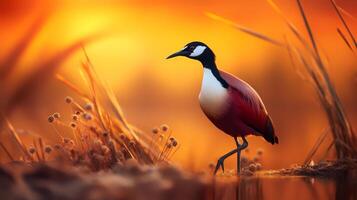 foto di africano jacana su savana a tramonto. generativo ai