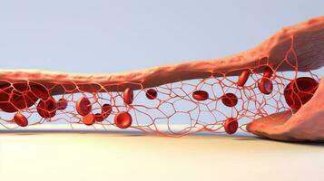 3d illustrazione modello di il umano organo sistemi, circolatorio, digestivo, rosso e bianca cellule del sangue con sfocato sfondo. medico formazione scolastica concetto, generativo ai illustrazione foto