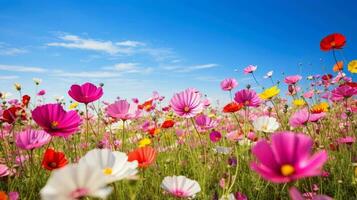 natura floreale sfondo nel presto estate. colorato naturale primavera paesaggio con con fiori, morbido selettivo messa a fuoco, generativo ai illustrazione foto