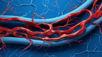 3d illustrazione modello di il umano organo sistemi, circolatorio, digestivo, rosso e bianca cellule del sangue con sfocato sfondo. medico formazione scolastica concetto, generativo ai illustrazione foto