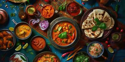 illustrazione di indiano nazionale cibo. Visualizza a partire dal sopra.generativo ai foto