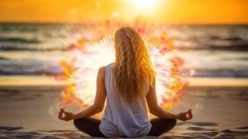 donne meditare, yoga. psichico donne considera mente e cuore. spiritualità, esoterismo, con bokeh sfocato luci. universo, generativo ai illustrazione foto