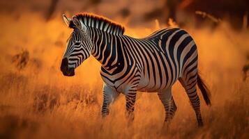 foto di zebra su savana a tramonto. generativo ai