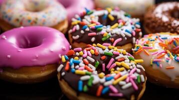 assortito ciambelle con cioccolato glassato, rosa smaltato e spruzzatori ciambelle. ai generativo foto