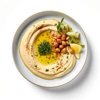 foto di hummus su piatto isolato su bianca sfondo. creato di generativo ai