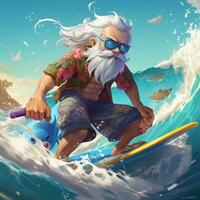 personaggio vecchio uomo stile fare surf nel il mare illustrazione foto