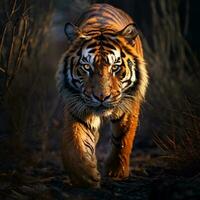 tigre a piedi nel il foresta sfondo foto