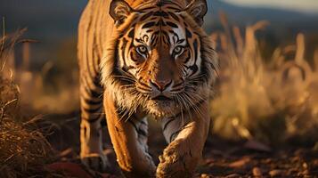 foto di tigre su savana a tramonto. generativo ai