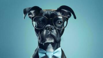 pugile cane utilizzando bicchieri su blu sfondo. generativo ai foto