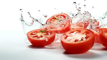 foto di pomodori con spruzzo acqua isolato su bianca sfondo