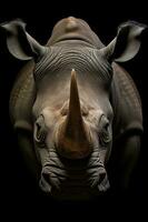 vicino su foto di rinoceronte su nero sfondo. generativo ai