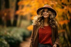 donna a piedi attraverso un' colorato autunno parco nel un' accogliente maglione foto