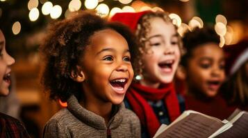 entusiasta carolers di un' decorato Natale albero foto