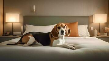 beagle cane dire bugie su letto nel Hotel con contemporaneo interno design. generativo ai foto