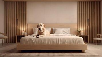 d'oro cane da riporto cane dire bugie su letto nel Hotel con contemporaneo interno design. generativo ai foto