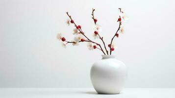 foto di prugna fiorire nel minimalista pentola come pianta della casa per casa decorazione su bianca tavolo su luminosa sfondo. generativo ai