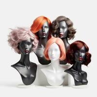 capelli parrucca al di sopra di il plastica indossatrice testa isolato al di sopra di il bianca sfondo, modello con contemporaneo Da donna acconciature, generativo ai illustrazione foto