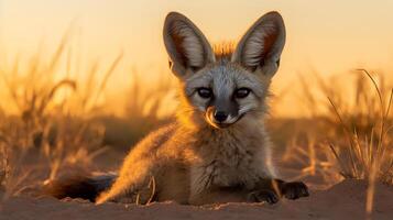 foto di pipistrello dalle orecchie Volpe su savana a tramonto. generativo ai