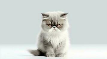 foto di un' scontroso gatto su bianca sfondo. generativo ai