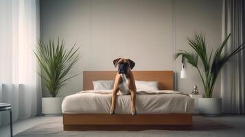 pugile cane dire bugie su letto nel Hotel con contemporaneo interno design. generativo ai foto