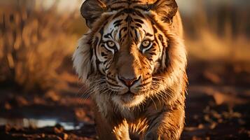 foto di tigre su savana a tramonto. generativo ai