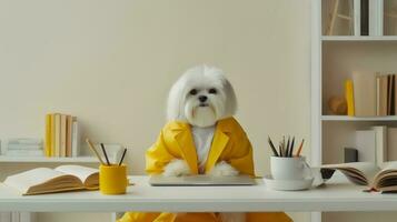 un' shih tzu cane si siede studiando accompagnato di un' tazza e emorroidi di libri foto
