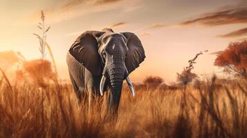 foto di elefante su savana a tramonto. generativo ai