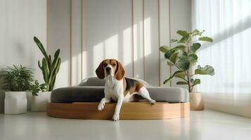 beagle cane dire bugie su letto nel Hotel con contemporaneo interno design. generativo ai foto