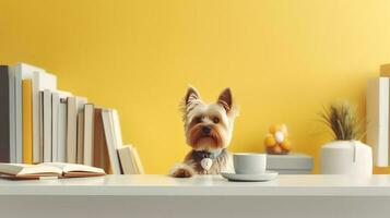 un' yorkshire terrier cane nel un' giallo maglione si siede studiando accompagnato di un' tazza e emorroidi di libri. generativo ai foto