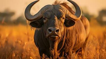 foto di bufalo su savana a tramonto. generativo ai