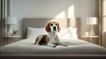 beagle cane dire bugie su letto nel Hotel con contemporaneo interno design. generativo ai foto