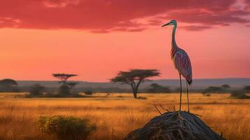 foto di Golia airone su savana a tramonto. generativo ai
