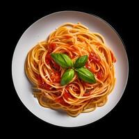 cibo fotografia di spaghetti su piatto isolato su nero sfondo. generativo ai foto