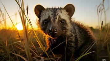 foto di africano palma zibetto su savana a tramonto. generativo ai