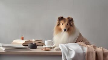 un' ruvido collie cane nel un' maglione si siede studiando accompagnato di un' tazza e emorroidi di libri foto