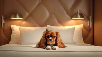 cavaliere cane dire bugie su letto nel Hotel con contemporaneo interno design. generativo ai foto