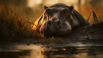 foto di ippopotamo su savana a tramonto. generativo ai