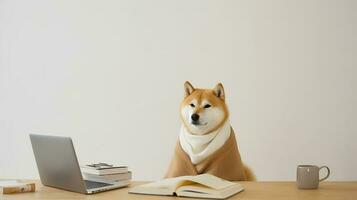 un' shiba inu cane nel un' maglione si siede studiando accompagnato di un' tazza e emorroidi di libri foto