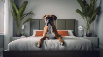 pugile cane dire bugie su letto nel Hotel con contemporaneo interno design. generativo ai foto