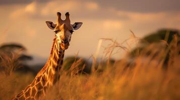 foto di giraffa su savana a tramonto. generativo ai