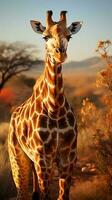 vicino su foto di giraffa su savana a tramonto. generativo ai