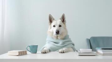 un' Tedesco pastore cane nel un' maglione si siede studiando accompagnato di un' tazza e emorroidi di libri. generativo ai foto