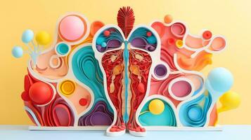 3d illustrazione di il umano organo sistemi, umano interno organi. anatomia. nervoso, circolatorio, digestivo, escretore, urinario e osso sistemi. medico formazione scolastica concetto, generativo ai illustrazione foto