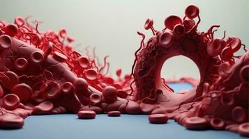 3d illustrazione modello di il umano organo sistemi, circolatorio, digestivo, rosso e bianca cellule del sangue con sfocato sfondo. medico formazione scolastica concetto, generativo ai illustrazione foto