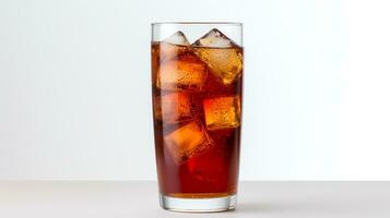Coca Cola Coca Cola con ghiaccio cubi nel un' bicchiere isolato su bianca sfondo. generativo ai foto