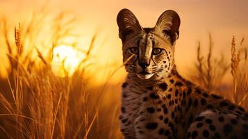 foto di gattopardo su savana a tramonto. generativo ai