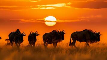 foto di gnu su savana a tramonto. generativo ai