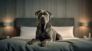 canna corso cane dire bugie su letto nel Hotel con contemporaneo interno design. generativo ai foto